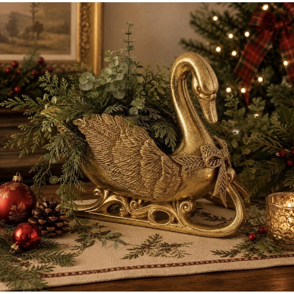 Vintage Style Gold Gilded Swan Sleigh Bowl Centerpiece Dish Ornate Holiday Decor